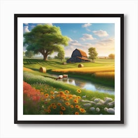 Farm Landscape At Sunset 1 Art Print