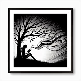 Silhouette Of A Woman Reading Art Print