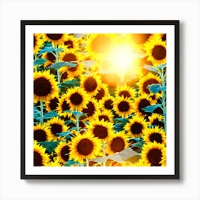 Sunflowers In A Field During Sunset Art Print