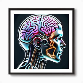 Human Brain With Neon Lights Art Print