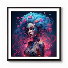 The Woman Has Zombie Style Hair Pink Outfit And Flowers  Art Print