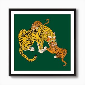 Wild Tiger Mama Green Square Art Print