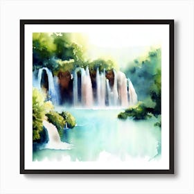 Waterfall Watercolor Painting, Plitvice Lakes National Park 1 Art Print