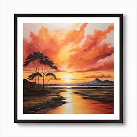 Sunset Over The River \ Acrylic colours 1 Art Print