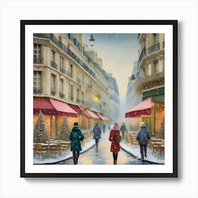 Paris cafes, winter season, Christmas, pale colors, pedestrians in the street, winter clothes, falling snow.17 Poster