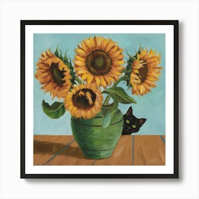 Vase With Three Sunflowers With A Black Cat, Van Gogh Inspired 6 Art Print