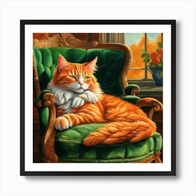 Orange Tabby Cat In Green Chair Art Print