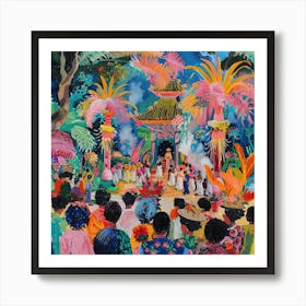 Balinese Temple Ceremony in Style of David Hockney Art Print