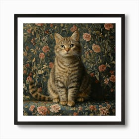 Cat On Floral Wallpaper Art Art Print