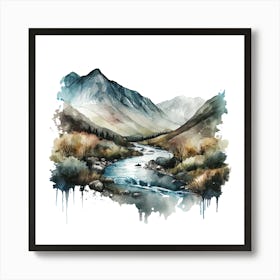 Watercolor Of Mountains And River Art Print