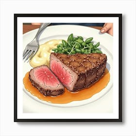 Watercolor Art Of A Tender And Juicy Roast Beef With Gravy On A Fine Dining Table Art Print