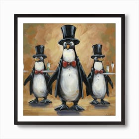 Whimsical Waiter Penguins Parade Print Art Art Print