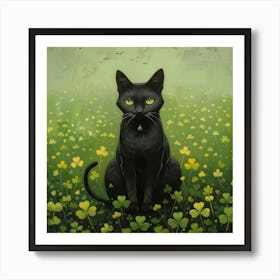 Black Cat In Shamrocks 2 Art Print