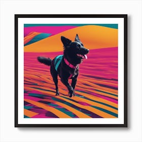 An Image Of A Dog Walking Through An Orange And Yellow Colored Landscape, In The Style Of Dark Teal (1) Art Print