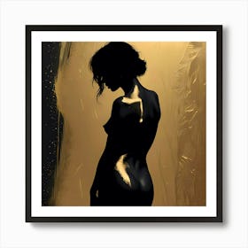 Golden Silhouette: Embrace of Light and Shadow - Silhouette Of A Nude. Woman Art Print