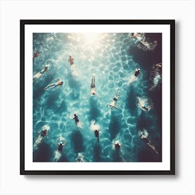 Swimming In The Pool - A group of people swimming in a pool, with the sun shining down on them and the water sparkling. The scene is captured from a bird's-eye view, giving the viewer a sense of scale and perspective. Art Print
