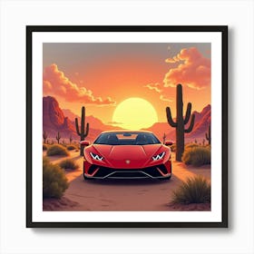 Lamborghini Huracán Surrounded By A Watercolor Desert Sunset 1 Art Print