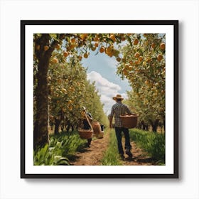 People Picking Oranges In An Orchard Art Print
