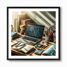 A laptop computer on a desk with various stationary items. Poster