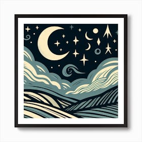 Linocut, Scandinavian Style, Night Sky with Crescent Moon Art Print
