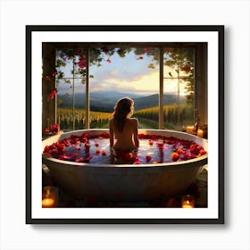 Contemporary Woman Luxuriating In A Standalone Bath Filled To The Brim With Vibrant Red Yellow An Art Print