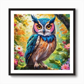 Colorful Owl In The Forest Art Print