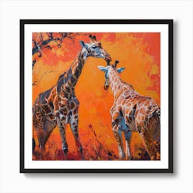 Giraffes Eating Tree Branches Brushstroke 1 Art Print
