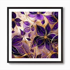 Purple Flowers With Gold Leaves Art Print