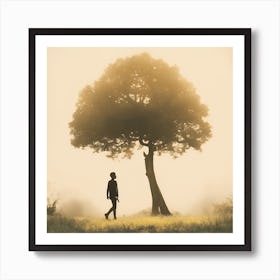 Silhouette Of A Man Walking Under A Tree Art Print