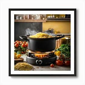 A Pot Of Boiling Pasta On A Stove In The Middle Of (2) 1 Art Print