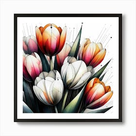 Tulps Bouquett - Abstract Line Art Illustration 69 Art Print