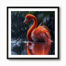 Flamingo In Rain Art Print