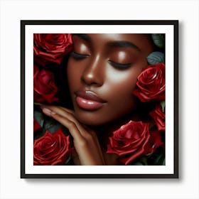 Black Woman With Red Roses Art Print