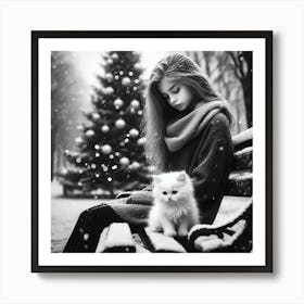 Girl With Cat In The Snow Art Print