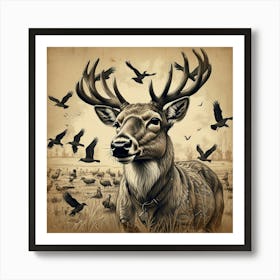 Deer With Birds Art Print