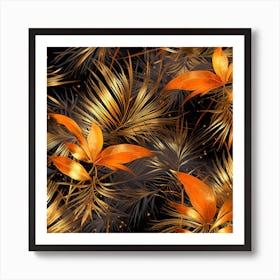 Golden Leaves On Black Background Art Print