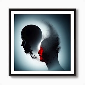 Lost Memories Man Heads in a Ying And Yang Style Abstract Illustration With A Red Contrast Color Art Print