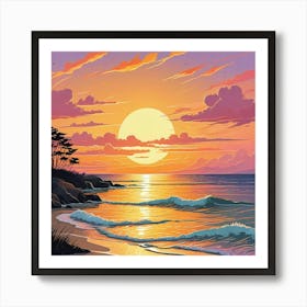 A Painting Of A Sunset With Seagulls Flying Above The Ocean (2) Art Print