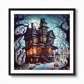 The Image Depicts A Scene Filled With The Ambiance Of Halloween Showcasing Winter Trees Adorned Wit Art Print