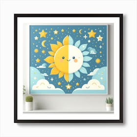 Sun and Moon - Graphic Wall Art of a Yellow Sun and a Blue Moon with Cute Expressions Art Print