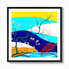 Asian Landscape- Modern luxury oriental style background. Classic Chinese mountain and river landscape illustration- water, hill and trees art. Art Print