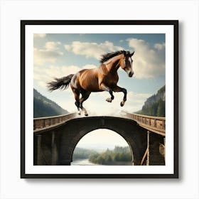 A Horse Jumping Over A High Bridge Art Print