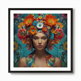 a woman in a colorful flower headdress, in the style of three-dimensional effects, pop-inspired imagery, uhd image, layered collages, barbie-core, futuristic pop, floral creative collage digital art by Paul Henderson, in the style of flower power, vibrant portraiture, UHD image, mike campau, multi-layered color fields, peter Mitchel, mandy disher flower collage art by, in the style of retro-futuristic cyberpunk,
441 Art Print