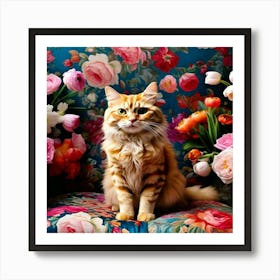 Cat Sitting In A Floral Chair Art Print