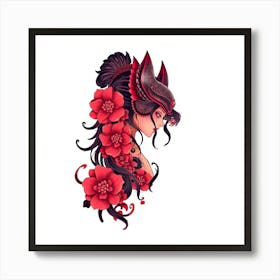 Asian Girl With Red Flowers Art Print