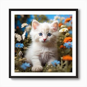 White Kitten In Flowers Art Print