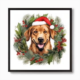 Golden Retriever Christmas Wreath Art Print