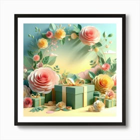 3d Paper Flowers And Gifts Art Print