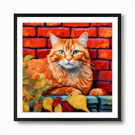 Orange Cat On A Brick Wall Art Print