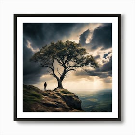 Lone Tree, A Lone Tree Standing Strong On A Cliff Edge Against A Stormy Sky Representing The Courage 1 Art Print